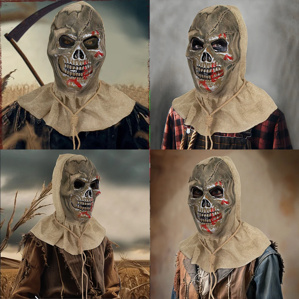 Halloween Scarecrow Skull Demon Mask Cosplay Bloody Burlap Skeleton Helmet Halloween Dress Up Carnival Party Costume Props