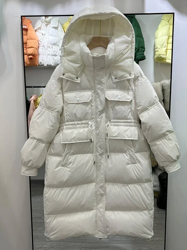 2023 New Winter Women Hooded Bread Puffer Jacket Female Long 90% White Duck Down Coat Streetwear Thick Warm Snow Parka