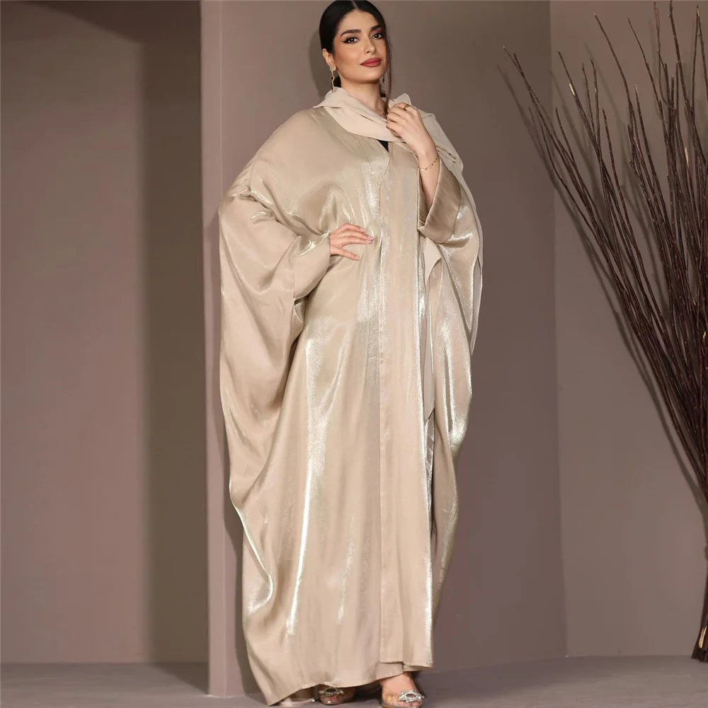 Hot Sell Bright Silk Satin Batwing Sleeve Cardigan Robe Modest Muslim Dubai Plus Size Kimono Open Abaya Dress Corban Eid Woman