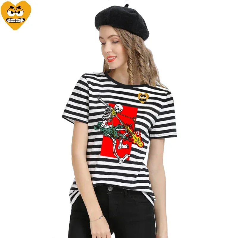 Break Egg Women Striped T-shirt Cotton Cartoon Cute Teeth Embroidery Skeleton Bow Arrow Print Short Sleeve O-neck Summer T-shirt