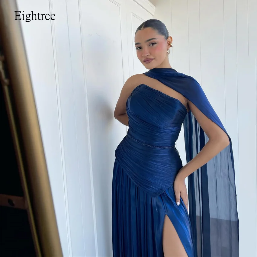 Современное вечернее платье Eightree A-Line королевского синего цвета с боковым разрезом, плиссированное, с накидкой, блестящее, в пол, для вечеринок, на заказ