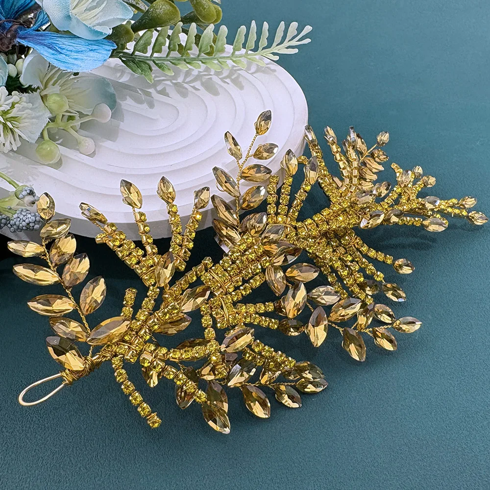 DZ332 Luxury Shiny Rhinestone Bridal Hair Accessories Golden Yellow Wedding Headbands Tiaras Headpieces Handmade Party Headwear