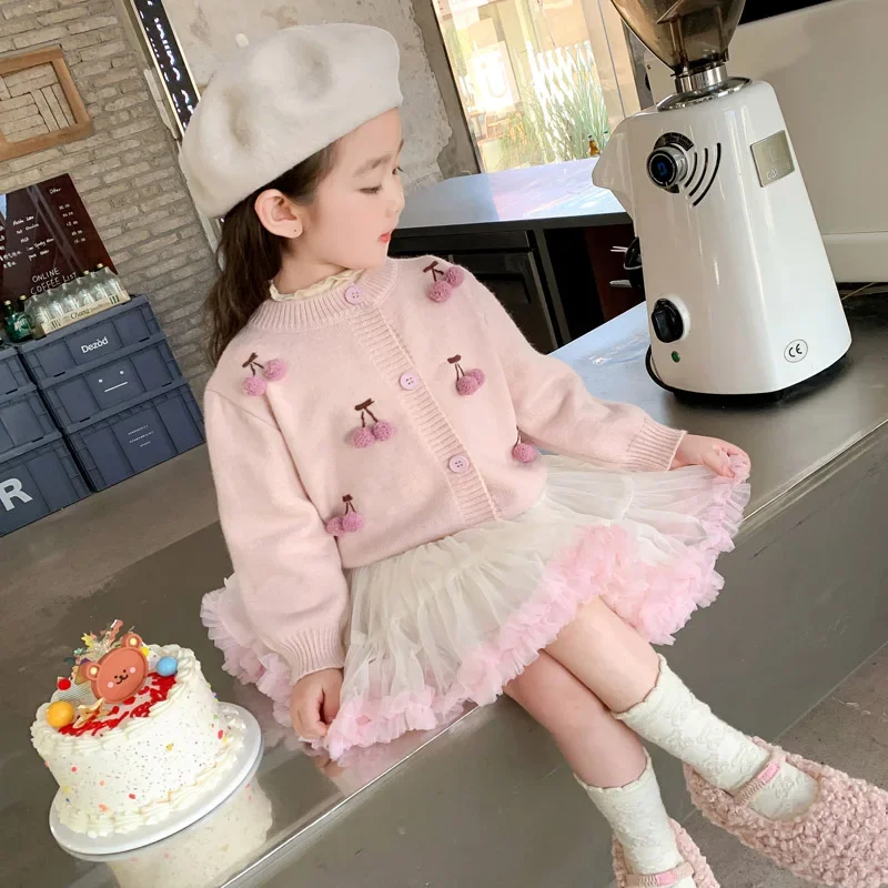 Baby Girls Sweaters Autumn Winter Children Knitted Cardigan Jacket Comfortable Toddler Kids Sweater Cherry Princess Clothing