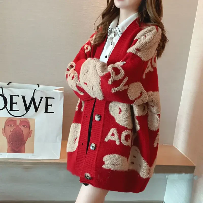 2024 New Fashionable Sweater Warm Coat Women Spring Autumn Winter Overcoat Lazy Style Loose Thick Knitted Cardigan Jacket