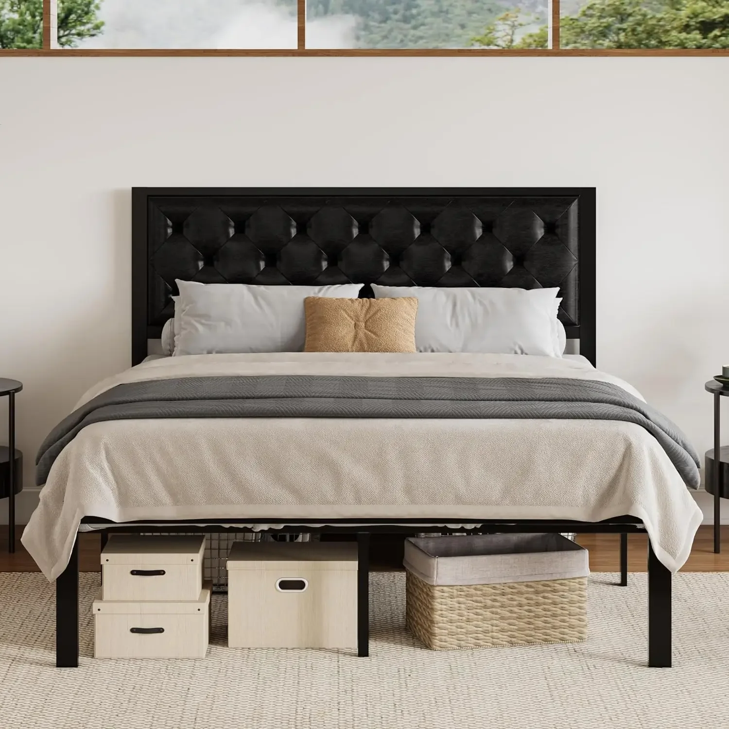 Metal Platform Bed Frame with Faux Leather Upholstered Button, Tufted Headboard