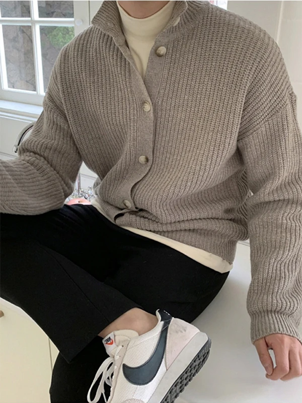 

Casual Loose Men's Knitted Sweater Spring Autumn Flip-Collar Single-Button Pure Color Open-Carriage Outerwear for Men