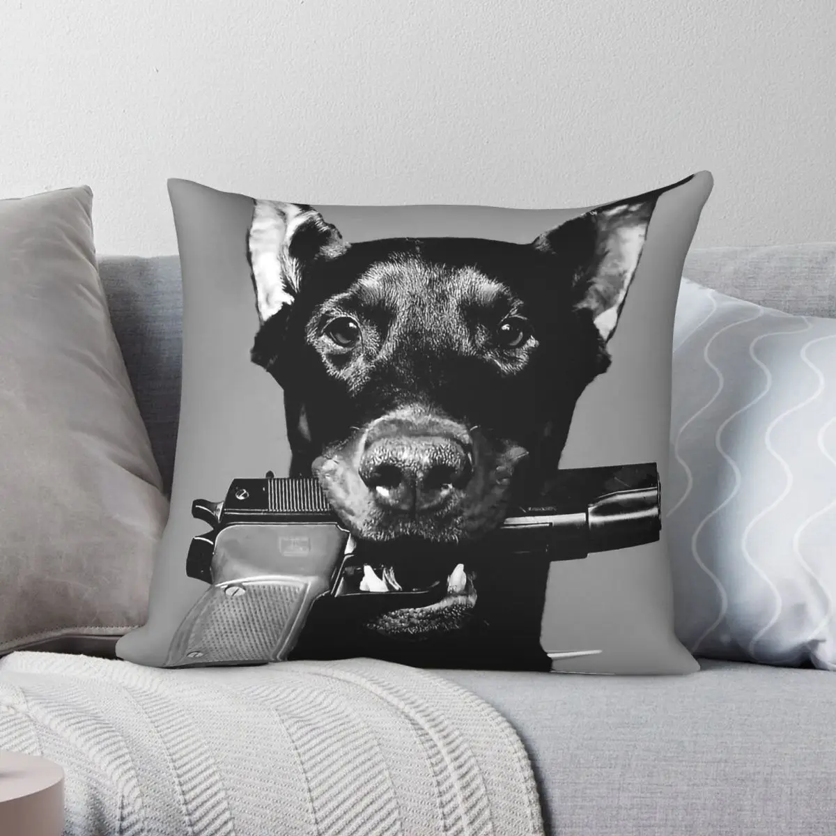 Dog Holding A Pistol Square Pillowcase Polyester Linen Velvet Pattern Zip Decor Home Cushion Cover Wholesale