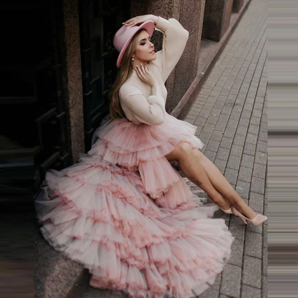 

Baby Pink High Low Birthday Skirt For Women High Waist Tiered Chic Bridal Skirts For Photoshoots Long Wedding Party Skirt