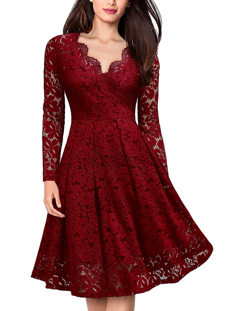 

2022 Women's Vintage Long Sleeve Floral Lace Solid Color V Neck Party Swing Dress Sexy Red Cocktail Dresses Vestido Feminino