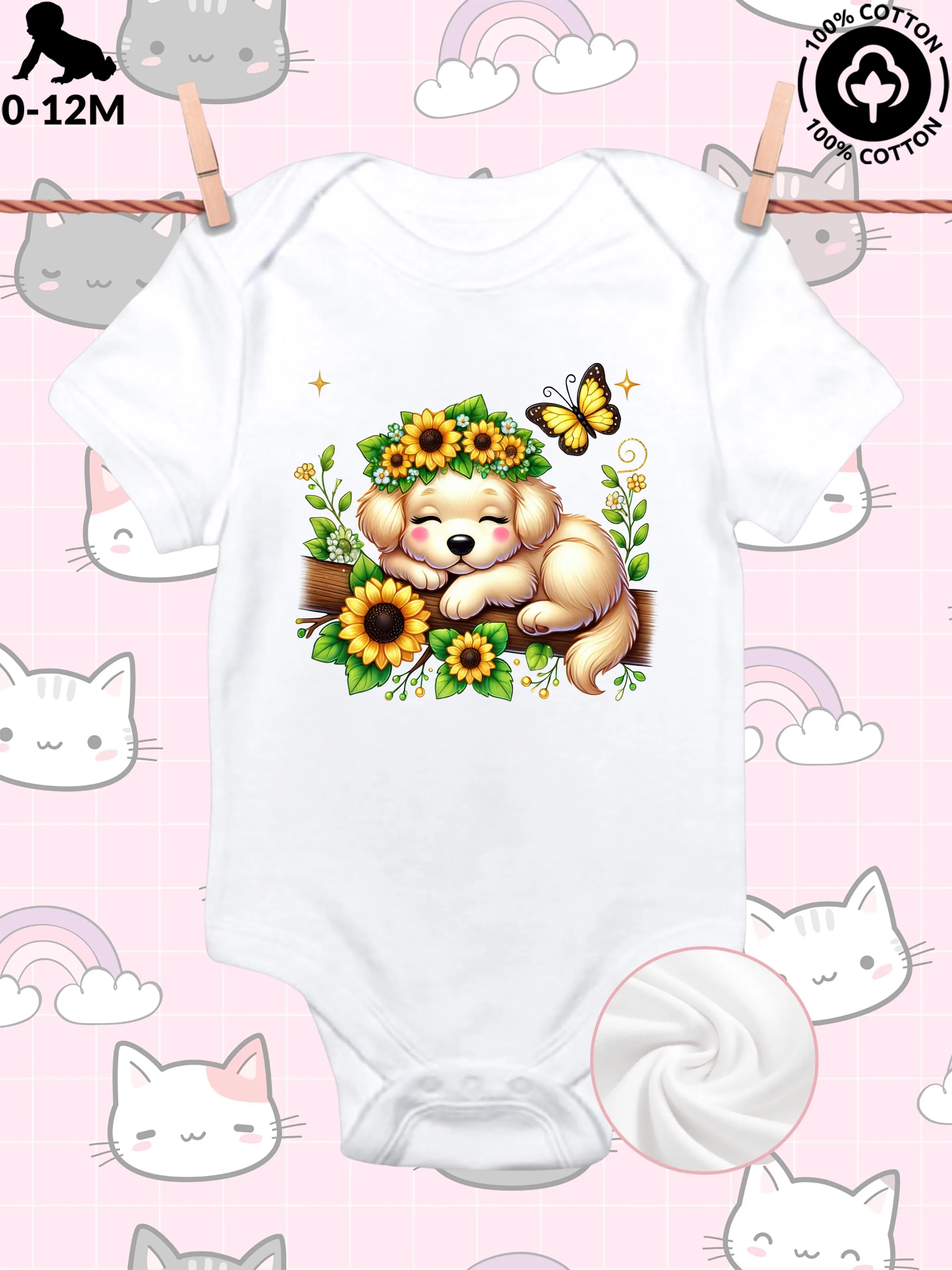 

Sunflower And Puppy Unisex Baby Crawling Suit, Pure Cotton Soft Onesie, All-Season Wear White Bodysuit 190GSM