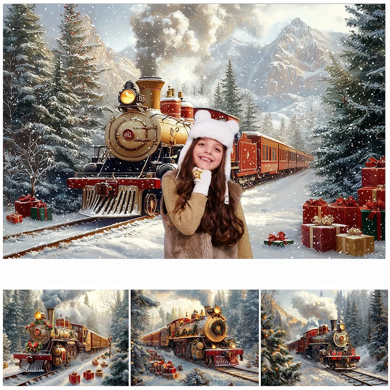 

LS Winter Christmas Photography Background Red Train Snow Holiday Decor Kids Xmas Holiday Portrait Photo Backdrops Studio Props