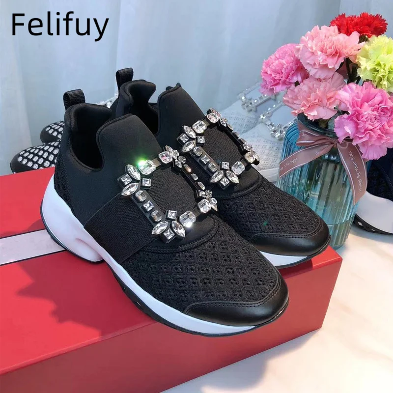 Zapatillas deportivas de malla de aire negra para mujer, zapatos informales con plataforma de fondo grueso y diamantes de imitación, Tenis femeninos, novedad de 2024