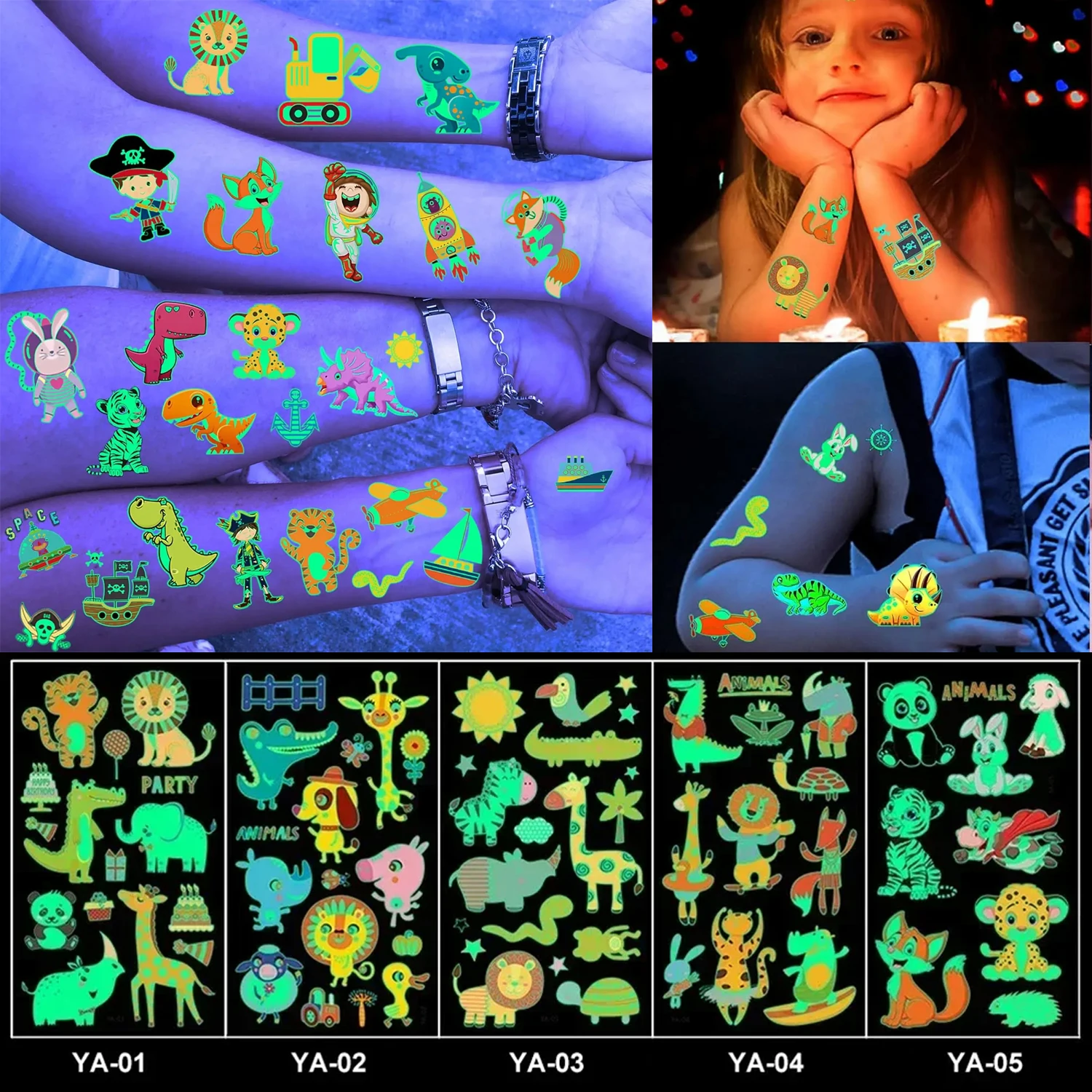 

Glow in Dark Animal Tattoos for Kids Washable Temporary Body Stickers Party Favors Fluorescent Safe Skin Decor