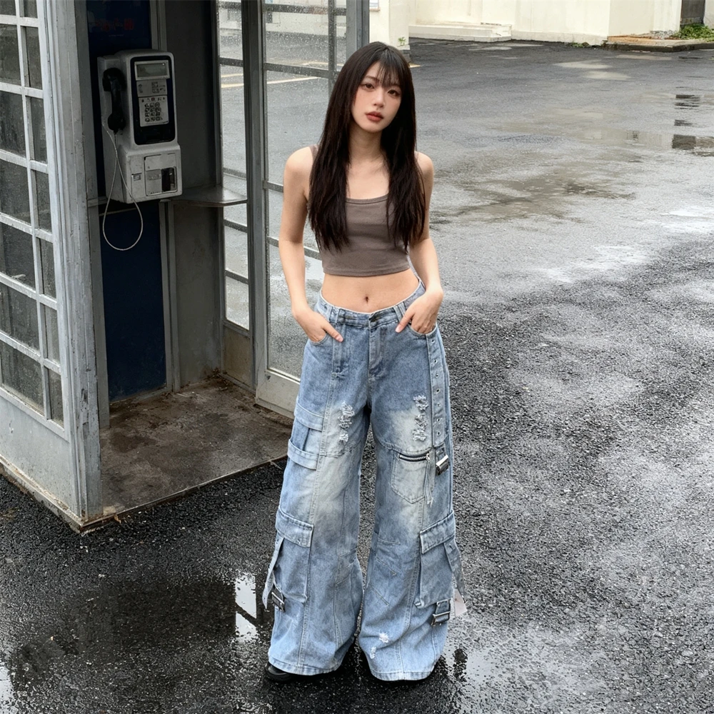 KUCLUT Fashion Niche Brand أفضل جودة بنطلون مستقيم فضفاض بسحاب ملابس الشارع الشهير جينز البضائع العتيق للرجال والنساء #6