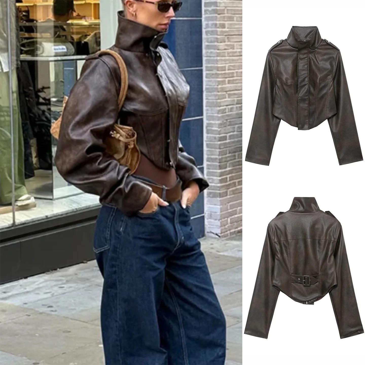 

Winter New Women's Design Slim Fit Stand Collar Long Sve Zipper Decorated PU Leather ort Jaet Coat French Sle Ladies...