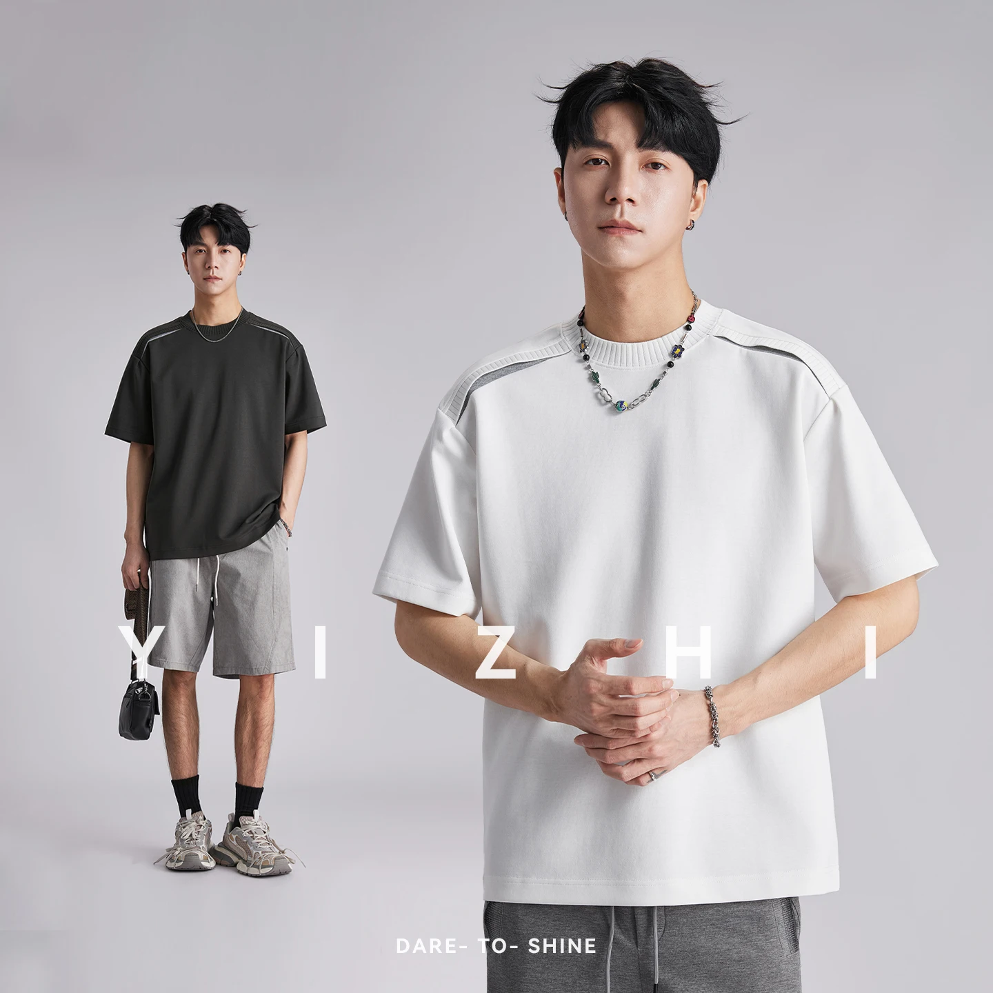 

Men Heavyweight 260GSM Color Block Splicing Shoulder T Shirts Summer Loose Old Money Style Short Sleeve Casual Versatile Tops