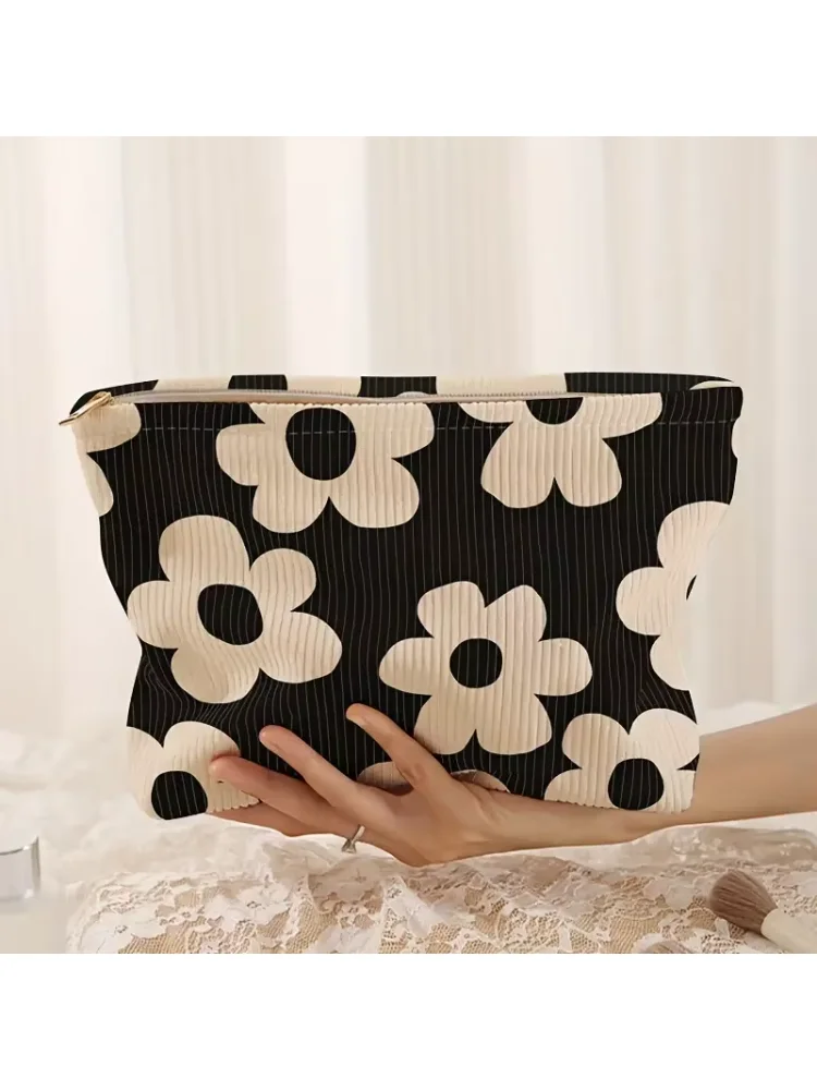 Yellow Floral Printed Corduroy Makeup Bag, Lightweight Zipper Makeup Storage Box, Multifunctional Bag with Lining