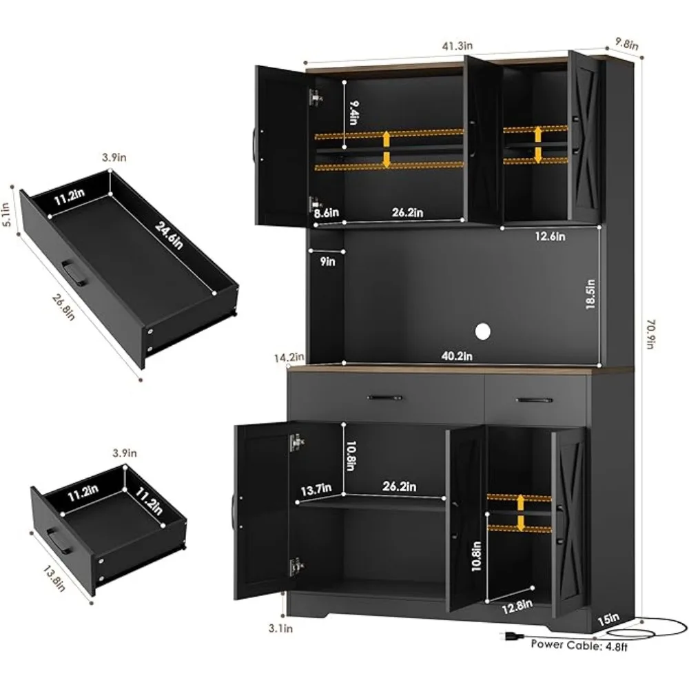 71-дюймовый шкаф для кладовой с зарядной станцией, высокий кухонный шкаф для хранения кладовой с подставкой для микроволновой печи, кухонный шкаф для фермерского дома