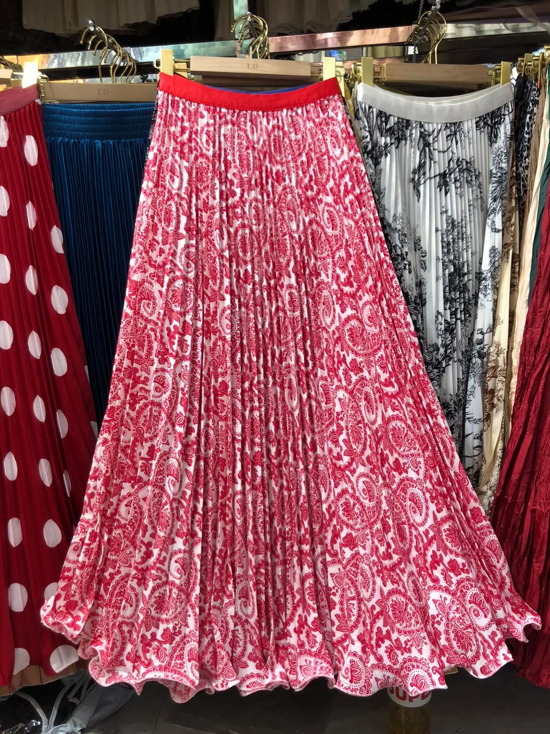 

Vaion Floral Long Skirt A-Line Midi Skirt Women's Wave Lace Hem Maxi Skirt Summer Autumn High Waist Pleated Korean Sle