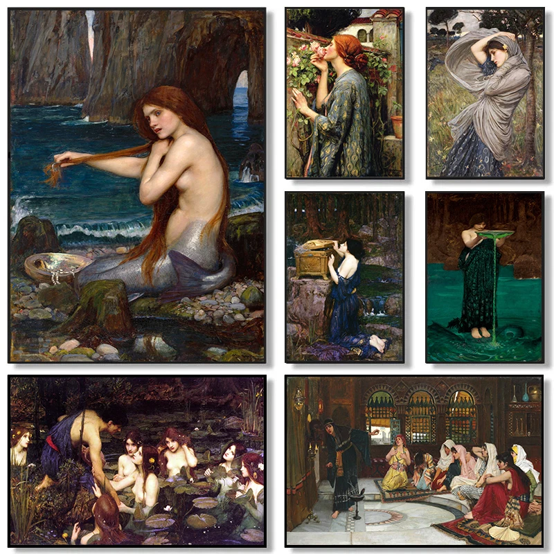 Póster Vintage de John William Waterhouse, retrato de mujer victoriana, póster de sirena de hadas, pinturas en lienzo, imágenes artísticas de pared, decoración del hogar