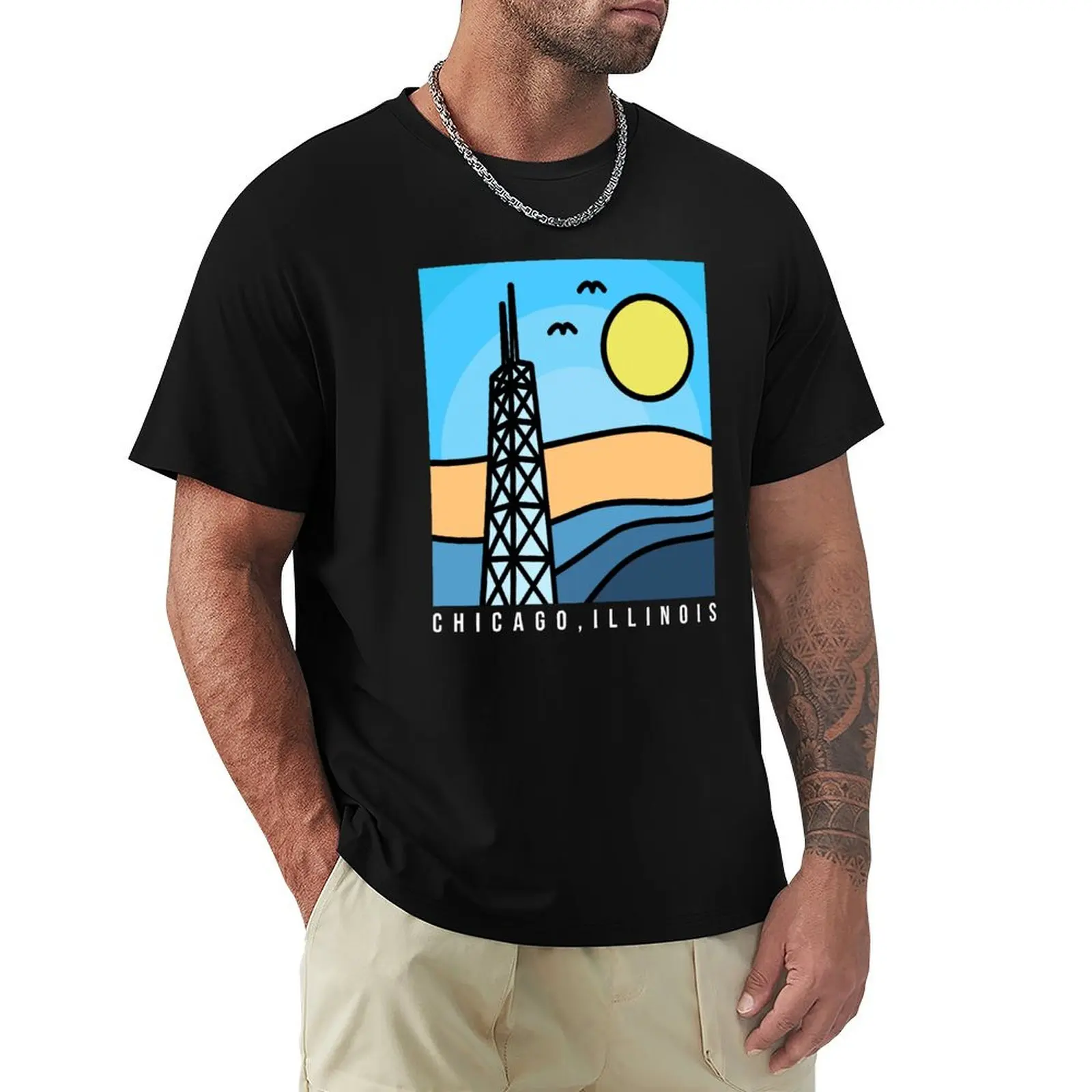 CHICAGO, ILLINOIS - Vintage HANCOCK Tower Design T-Shirt Anti-Perspiration Workout Top