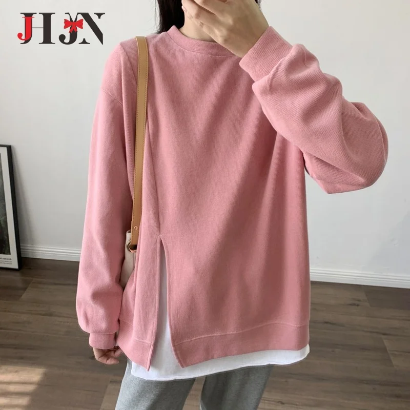 Autumn Women Hoodie Loose Solid Color Pullovers Side Split Fork Sweatshirt Long Sleeves Hoodies O-Neck Tops Y2k Female Clothing