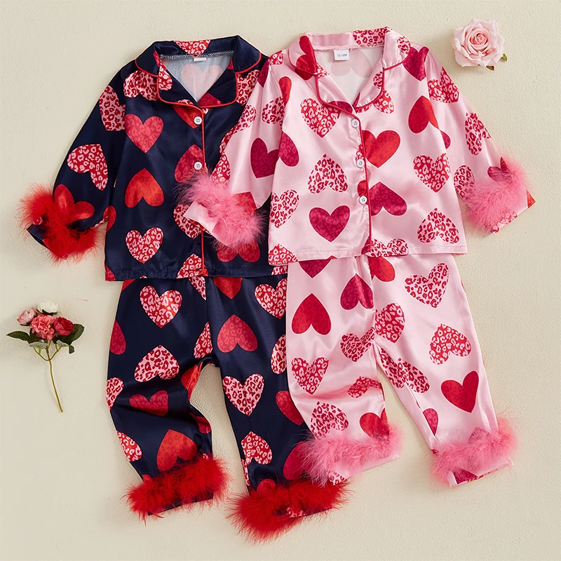 Lioraitiin 2-6Y Little Kids Girls Valentine\'s Day Pajama Clothes Sets Heart Print Fur Patchwork Long Sleeve Lapel Shirt Pant