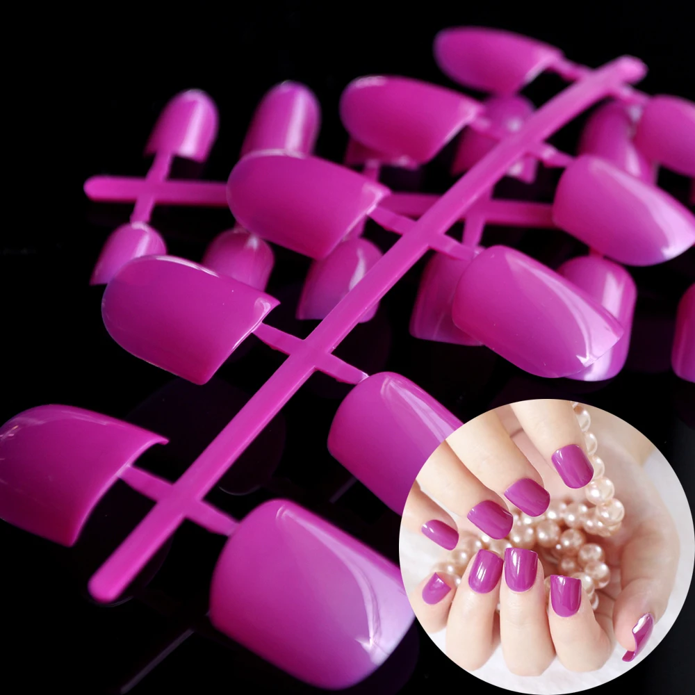 Medium Flat Fake Nails Pearl Shine Purple Candy False Nail Tips 24pcs Kit Shiny Surface Press-On Nails 102