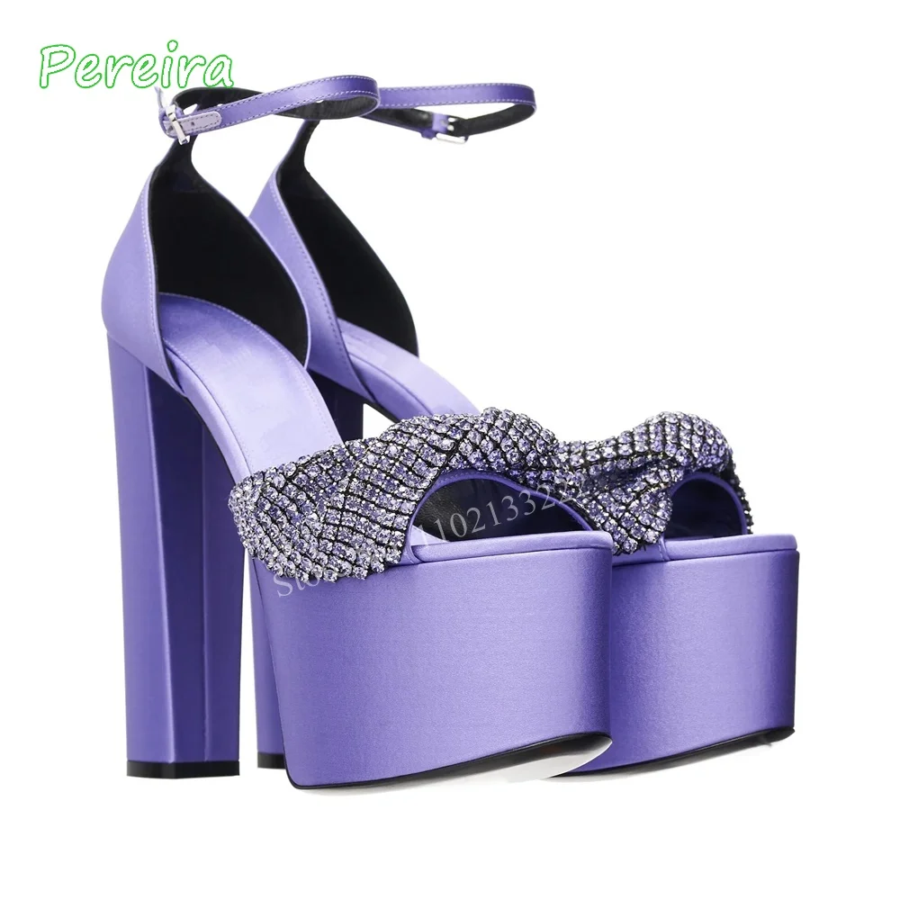 Pink Rhinestone Dress Sandals Women\'s New Arrival Summer Platform Round Toe Super Chunky High Heel Solid Fashion Party Shoes