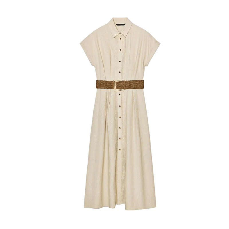 Letnia Nowa Damska Spódnica Midi z Kołnierzykiem, Mankietami, Paskiem, z Mieszanki Lnu, z Wysokim Stanem, w Kształcie Litery A, z Włókna Poliestrowego