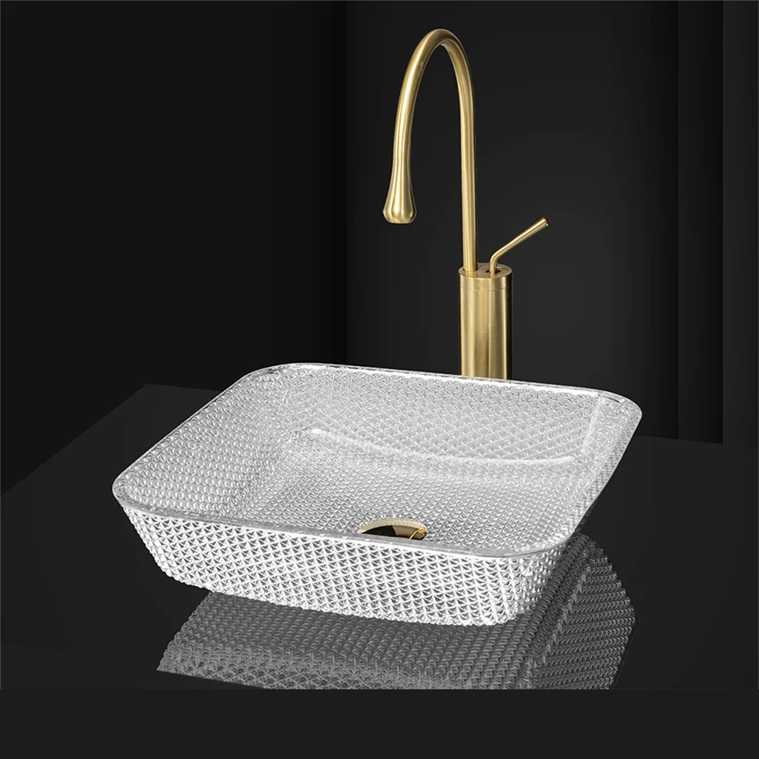 

Bathroom Electroplated Glass Art Table Wash Basin Square Basin Hotel Engineering Household Washbasin Creative Wash Basin Sink