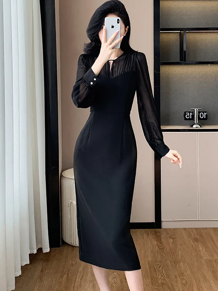 2024 Black Patchwork Mesh Sheer Sexy Long Dress Women Korean Vintage Hepburn Dress Autumn Winter Elegant Bodycon Festival Dress