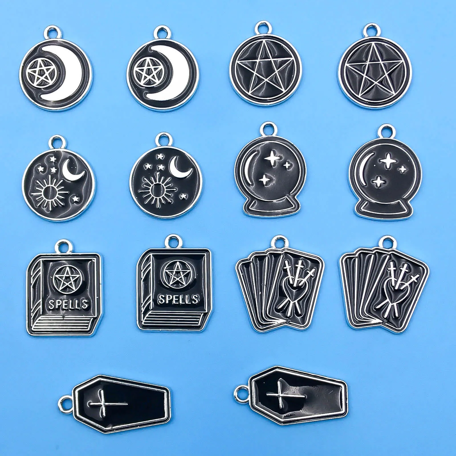 10/14pcs/pack Moon Star Cross Book Charms Enamel Alloy Black Magic Book Magic Ball Pendants For Jewelry Making Earring Bracelet