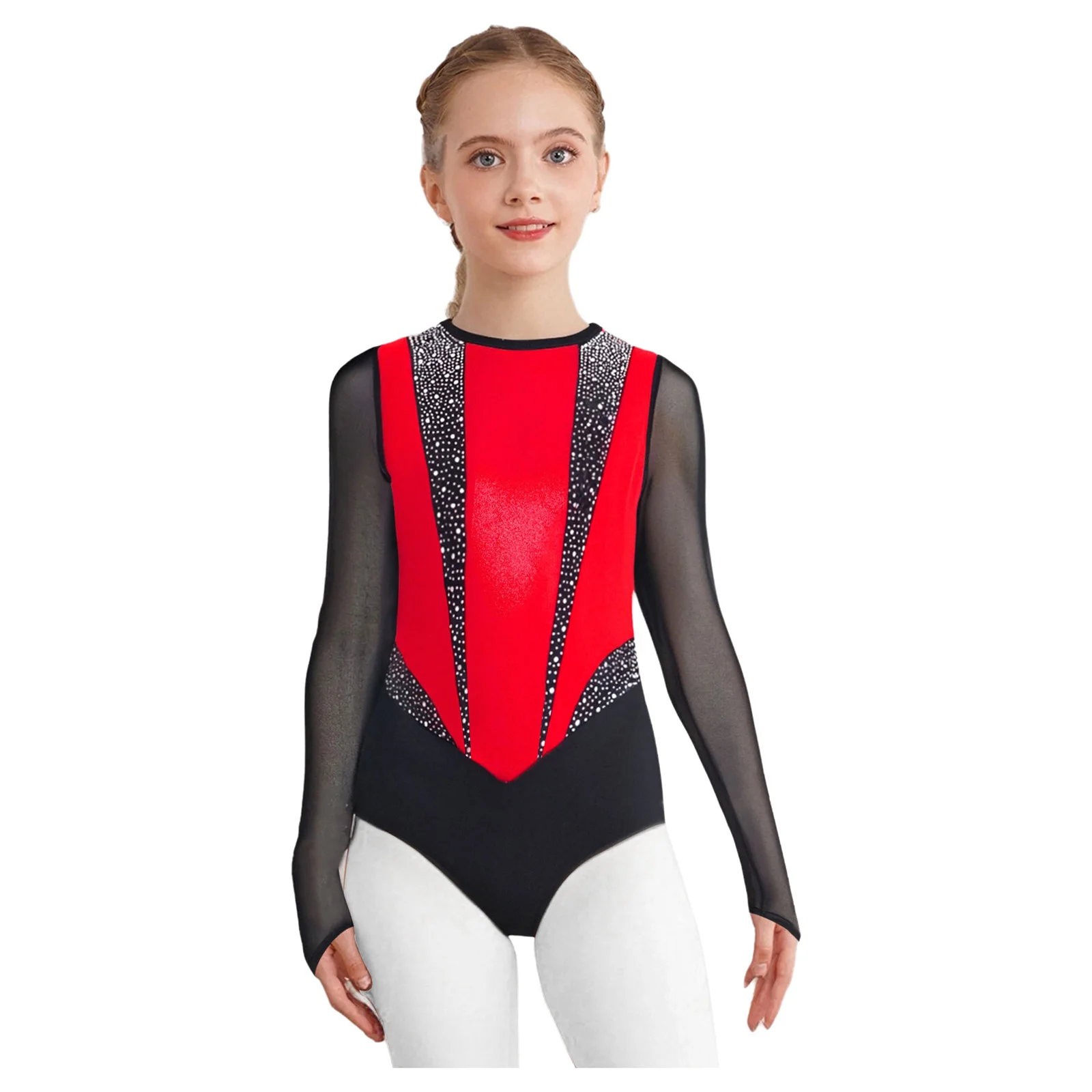 

Kids Girls Gymnastics Ballet Leotard Shiny Rhinestones Metallic Sheer Mesh Long Sleeves Dance Bodysuit Figure Skating Dancewear