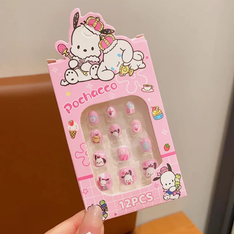 Sanrio Hello Kitty12Pcs Kuromi Melody Pochacco Kids False Nail 11-15Mm Cartoon Short Girl Fake Nail Tips Press On Nail Girl Tips