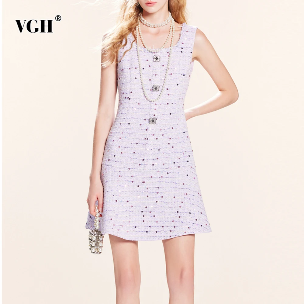 

VGH Slimming Printing Spliced Button Sweet Dresses For Women Square Collar Sleeveless High Waist Elegant Dress Female Fashion
