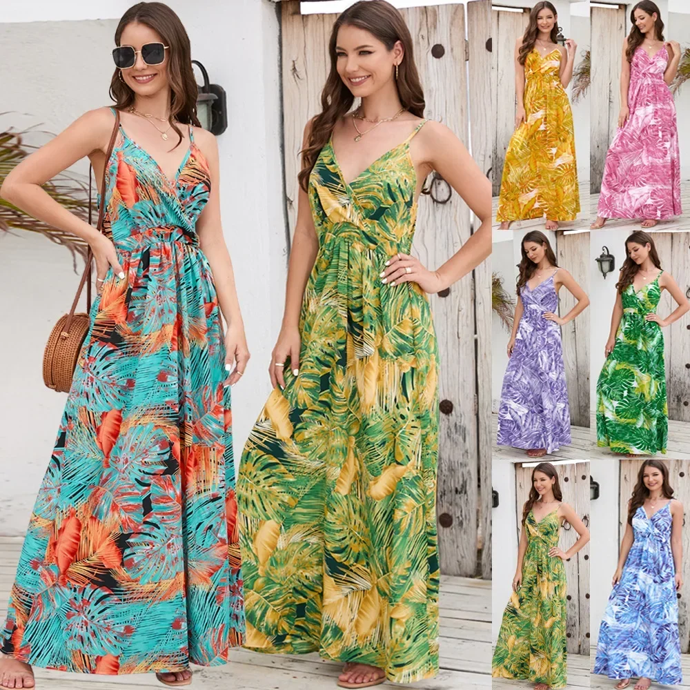 2024 Summer Sexy Strap Long Dress Women Fashion Backless Big Hem Boho Holiday Beach Sundress Casual Green V Neck Boho Dress