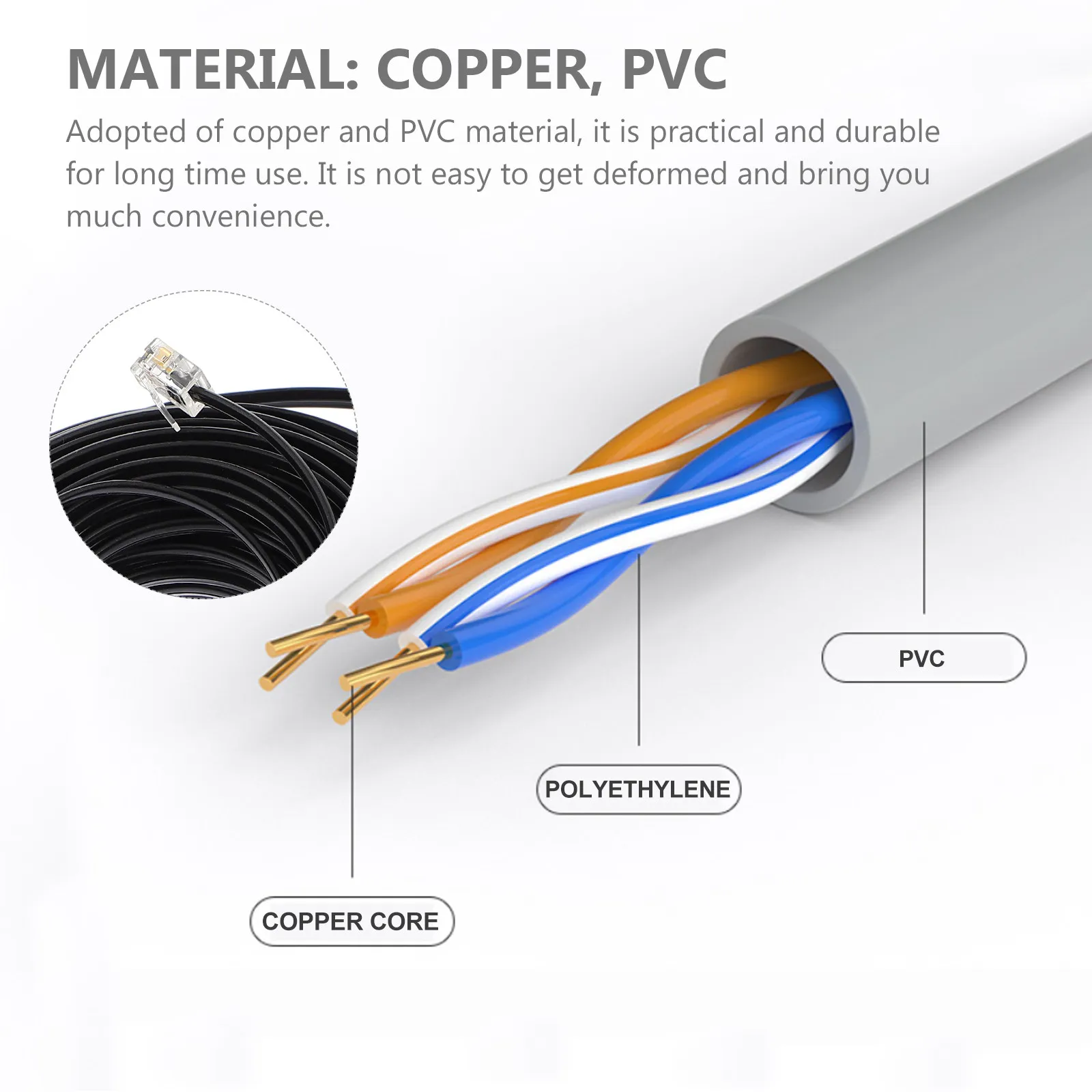 4-core Telephone 20m Black RJ11 Landline Cord for Desk Fax Home Office Standard Plug Telephone Accessories Replacement