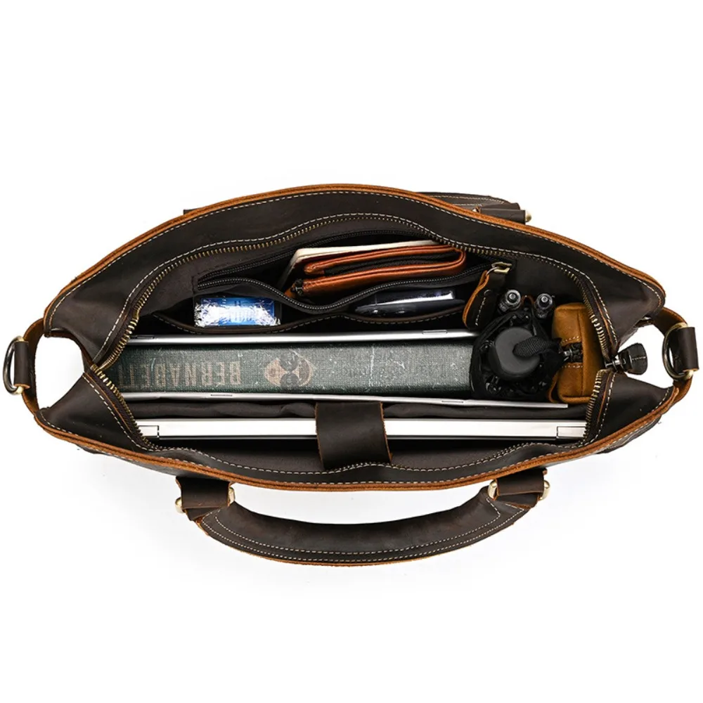 Retro Briefcase 14 Inch Computer First Premium Simple Layer Cowhide Handbag Shoulder Messenger Versatile  Commuter Business Bag