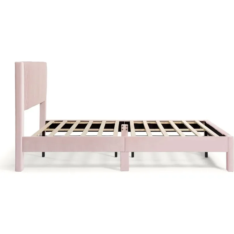 Freya Modern Fluwelen Platform Bed Frame Queen Size Met Kanaal Gestoffeerd Hoofdeinde En Houten Latten Ondersteuning Voor Slaapkamer