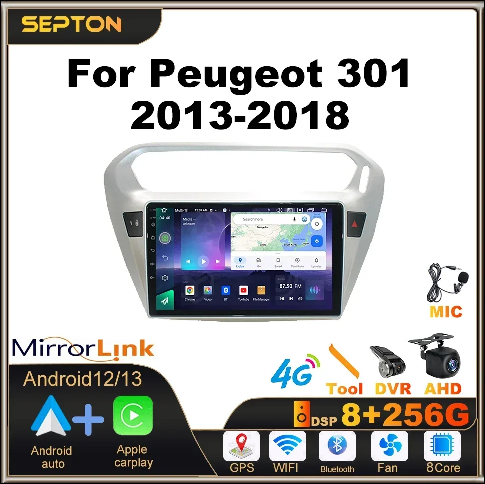

SEPTON Android Audio Car Radio Smart Car System for Peugeot 301 2013-2018 GPS Car Multimedia Player 2Din Wireless Carplay Screen
