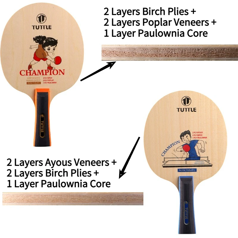 TUTTLE Kids Table Tennis Blade 5-Ply Pure Wood Ping Pong Blade Medium Slim Handle Lightweight for Junior Beginner Training