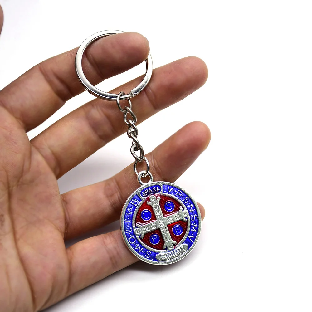 Blue Enamel Metal Saint Benedict Pendant Key Chain Religious Jewelry Key Ring