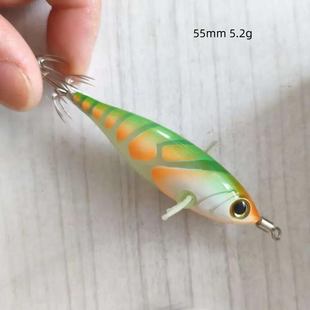 55mm 5.2g Cuttlefish Egi Squid Lure Squid Jig Wood Shrimp Lure Glow Horizontal Shrimp Squid Hook ABS Sea Fishing Hard Bait