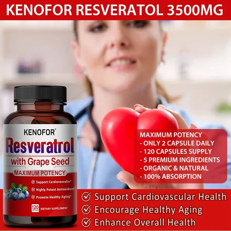 Resveratrol Capsules Antioxidant Anti-Aging Supplement Heart Health Joints Brain Function and Immune Health Vegetarian Non-GMO