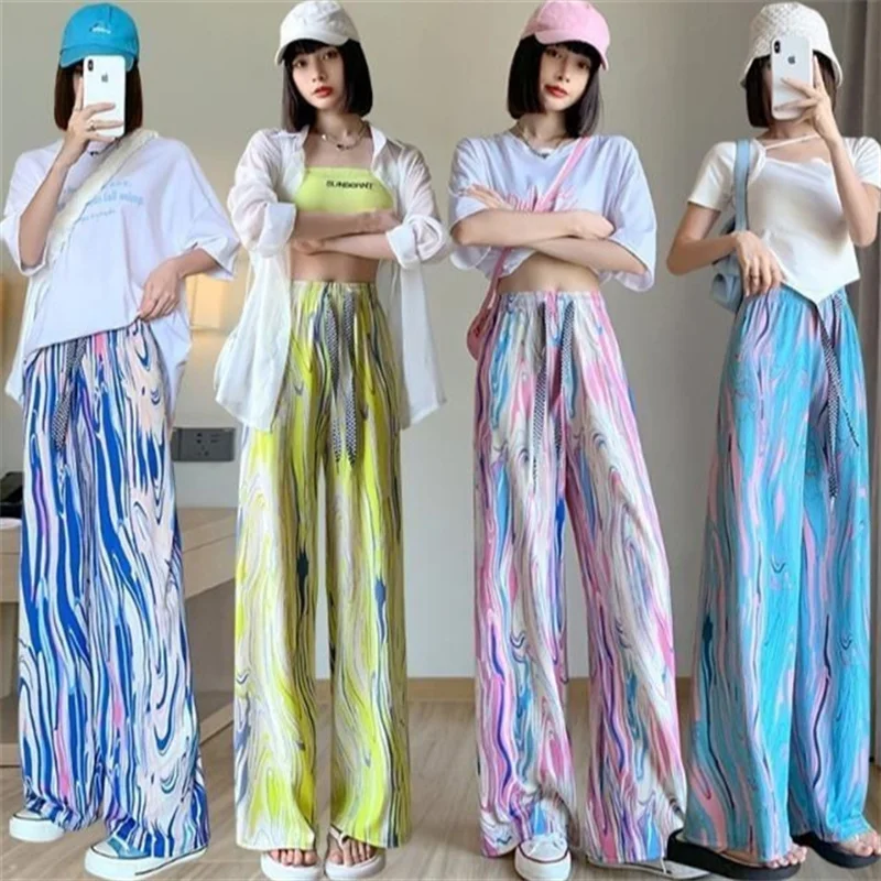 2023 NEW Rainbow Stripe Tie-dye Summer Wide-leg Pants Women Thin Straight Pants Elastic-waist Elegant Loose Lady Casual Trousers