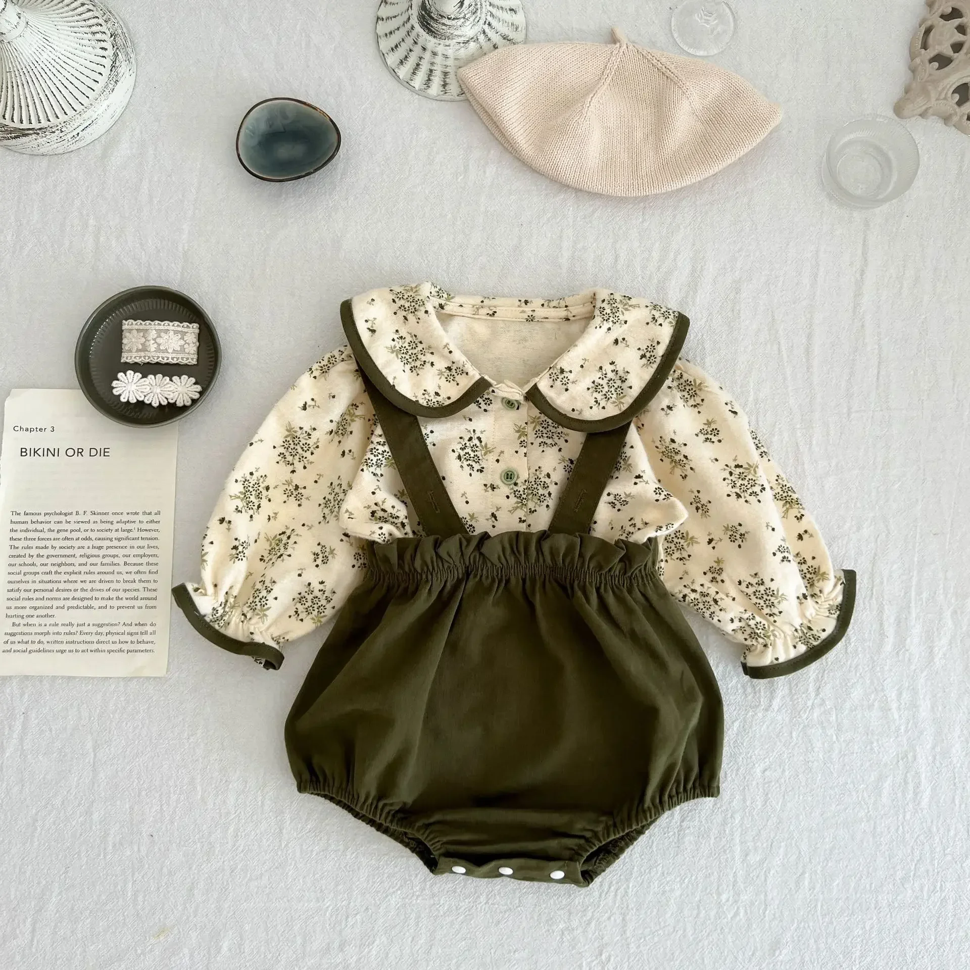 Korean green clothes set for infant newborns Autumn new baby girls clothes set floral blouse and strap shorts
