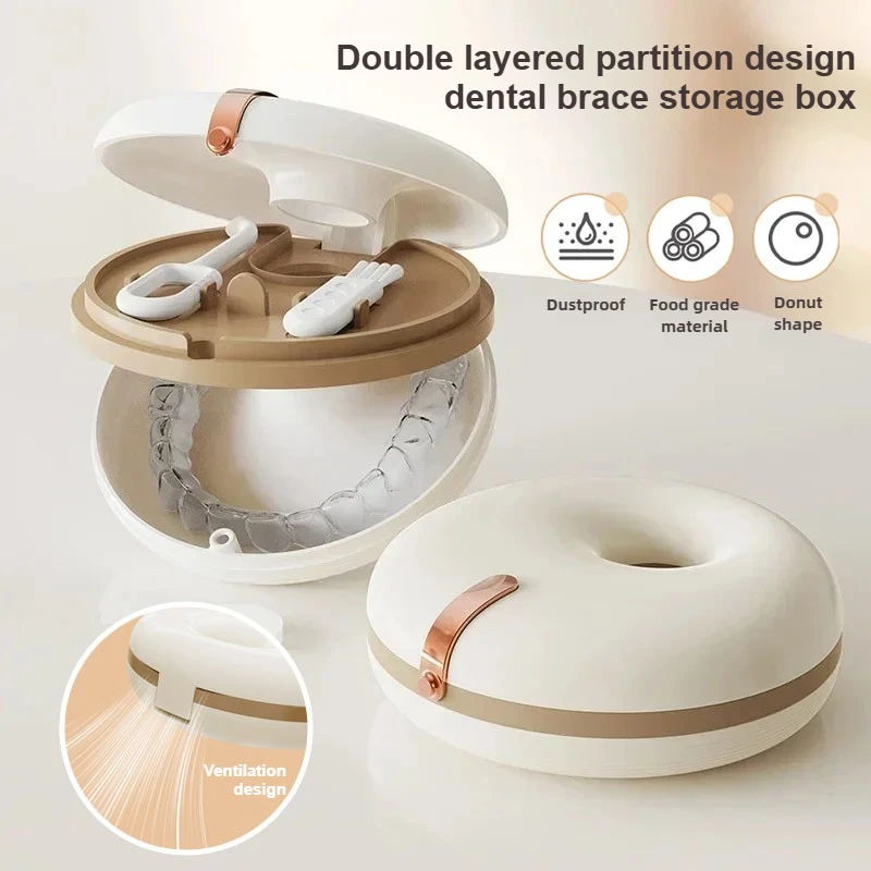 

Portable donut shaped braces storage box, integrated box for storing and cleaning tools for invisible orthodontic appliances