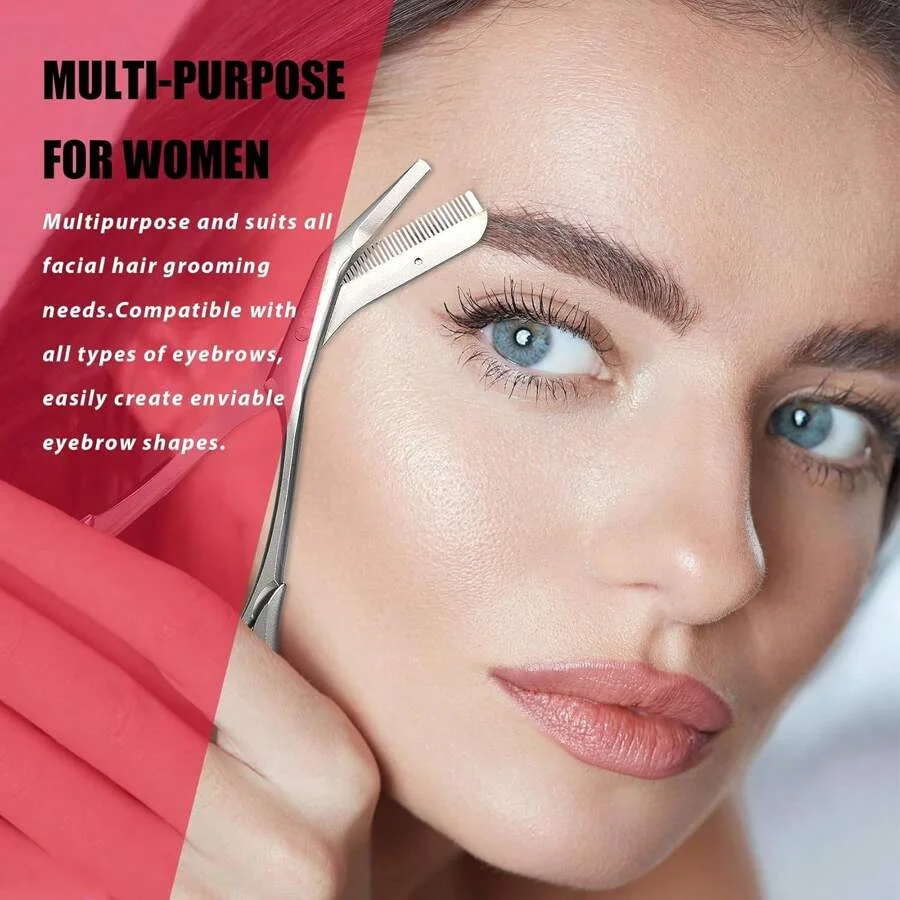 Conjunto de 3 Lâminas para Sobrancelhas e Removedor de Pelos Faciais, Lâminas de Aço Inoxidável Reutilizáveis, Cabo Rosa, com Tesoura para Mulheres