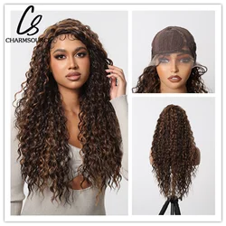 CharmSource Long13x4x1 Lace Synthetic Wigs Brown Highlight Golden Curly Wig for Black Women Natural High Density Daily Use